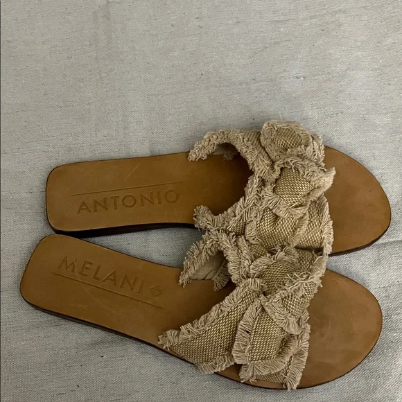 ANTONIO MELANI Frayed Edge Tan Sandals boho Slides - Picture 8 of 8